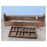 VINTAGE WOOD TOTE AND PRINTERS TYPE CASE DRAWER