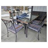 GLASSTOP PATIO TABLE W/UMBRELLA AND 6 CHAIRS