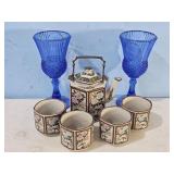BLUE STEM WARE GLASSES, TEA POT & CUPS
