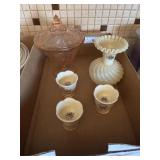 Fenton swirl vase & pink depression dish with lids