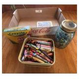 Jar of marbles & Crayola 64 with sharpener