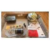 Porcelain covered dish & sewing thimbles