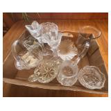 Cut glass & dishes & candle stick holders