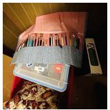 Tote of puzzles & art supplies & blankets