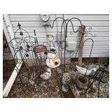 Concrete mushroom, flower pot, ducks and rod iron