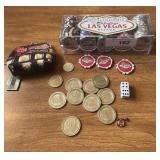 Gamblers coin bag & casino tokens & dice & chips