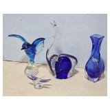 BLOWN GLASS HUMMINGBIRD, COBALT BLUE VASE