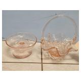 FENTON PINK GLASS BASKET APPROX. 8 INCHES  TALL &
