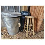 2 FOLDING CHAIRS, WOOD COUNTER STOOL & 2 TRASH CAN