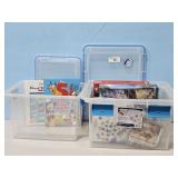 2 STERILITE TOTES W/ BLUE HANDLES & LIDS, PUZZLES