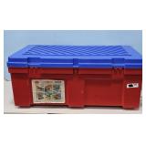 RED AND BLUE STORAGE TOTE W/HINGED LID