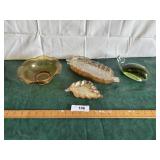 Whale paperweight, carnival glass and