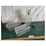 2 frig covered dishes n whiskey decanters