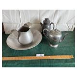 Silver plated tea pot and water pitcher and bowl