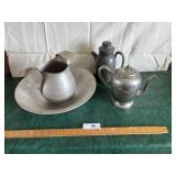 Silver plated tea pot and water pitcher and bowl