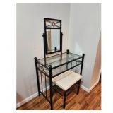 Vanity Set - Black Metal Frame, Glass Top, Padded