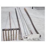 Vintage Garden Tool Lot - Rake, Hoe, Cultivator