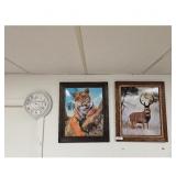 Framed Tiger and Deer Prints - Wall Art, clock