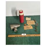 Magnifier, old brass locks, thermos,  Ad items