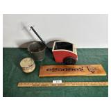 Craft fair wood pieces, advertising pieces & tin