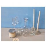 Glassware Lot: Decanter, Champagne Flutes, Candle