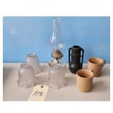 Oil Lamp, Shades, and Vases, mugs