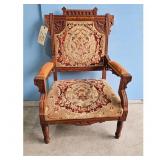 Antique Carved Armchair with Tapestry Upholstery