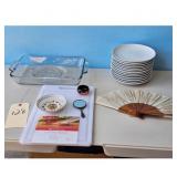 Kitchenware Lot: Plates, Bakeware, Fan, Cutting Bo