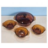 Vintage Amber Glass Casserole Dish Set with Lid &