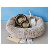 Pet Bed, Bowls, and Scoop Lot