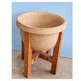 Vintage Ceramic Bowl Planter with Wood Stand