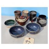 Assorted Pottery Lot: Teapot, Mugs, and Bowls