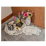 Butterfly Decor Lot: Figurines, Vase, and Doilies