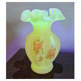 Fenton Uranium Glass Vase with Floral Design