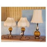 Vintage Amber Glass Table Lamps with Fringe Shades