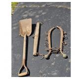 Vintage Farm Tool Lot: Shovel, Neck Yoke, and Hors