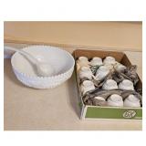 Vintage Milk Glass Punch Bowl Set with Ladle and C
