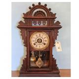 Antique Wooden Mantel Clock with Pendulum and Key