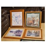 Set of 4 Framed Wildlife Art Prints - Deer and Elk
