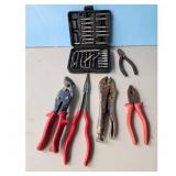 Assorted Pliers, Tin Snips, and Drill Bit Set