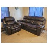 Brown Leather Reclining Sofa and Chair Set