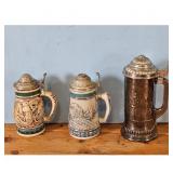 Set of 3 Vintage German Beer Steins with Pewter Li