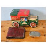 Vintage Tin Truck Coin Bank, Leather Wallet & Belt