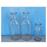 Set of 3 Vintage Clear Glass Milk Bottles