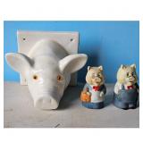 Vintage Ceramic Pig Wall Pocket & 2 Pig Bells