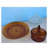 Vintage Amber Glass Plate and Two Covered Glass Ca