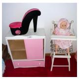 Doll Cabinet  High Chair Set Pink White