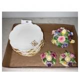 White Gold Swan Plates  Floral Figurines Set