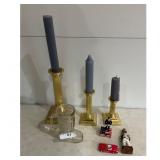 Brass Grey Red Candlestick Set Glass Boot Mug