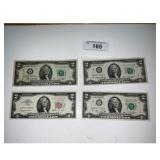 Lot of Four US Two Dollar Bills